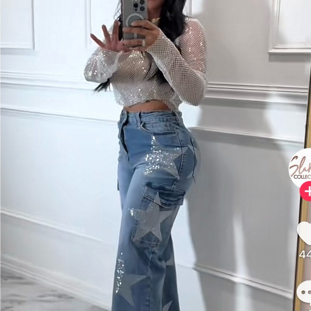 Blue Flare Wide Leg Jeans with Distressed Details